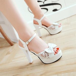 Sandals Women Summer Lace Bow Mesh Shoes Fish Mouth High Heel Ladys Platform Evening White Dress Wedding Female Zapatos De Mujer