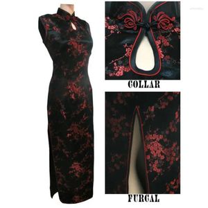 Etnik Giyim Siyah-kırmızı geleneksel Çinli elbise kadın saten uzun yular Cheongsam qipao mujere vestido çiçek boyutu S m l xxl xxxl