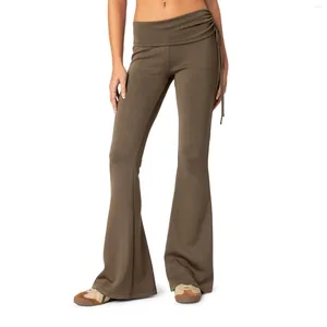 Calças femininas mulheres foldover cintura flare lateral cordão cor sólida calças finas primavera outono casual sweatpants bottom streetwear