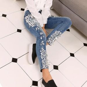 Moda vintage feminina luxo bordado flares diamante denim jeans feminino frisado magro ajuste estiramento lápis calças 240117