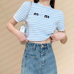 Women Fashion Designer Knits T shirt blue striped tees Crop tops