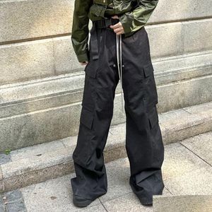 Męskie Plus Size Spodnie szerokie nogi Dstring Black Cargo Pants Uni proste workowate swobodne kombinezon męskie odzież uliczna luźne spodni Dhwn3