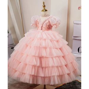 2024 elegante rosa flor menina vestidos pérolas colar frisado lantejoulas espartilho mangas princesa em cascata crianças pageant vestidos para casamentos vestidos de comunhão sagrada