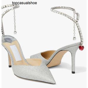 Jimmyness Choo Top Glitter Luxo Mulheres Couro Saeda Sandálias Sapatos Crytal Chain Strap Stiletto Heels Party Wedding Dress Lady Bombas EU35-43 Caixa Original