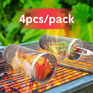 304 Stainless Steel BBQ Basket Mesh Barbecue Rack Cage Net Grate Rolling Cylindrical Grill Picnic Camping Cookware Kitchen Tool 240117