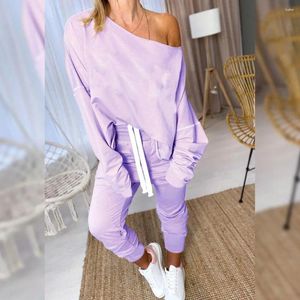 Calças femininas de duas peças outono outfits feminino cor sólida o pescoço solto sweatshirts cintura alta calças conjuntos de treino feminino