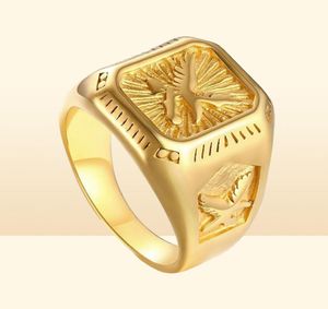 Fashion Mens Eagle Ring Gold Tone rostfritt stål Square Top med Rays Signet Ring Heavy Animal Band243K3669799