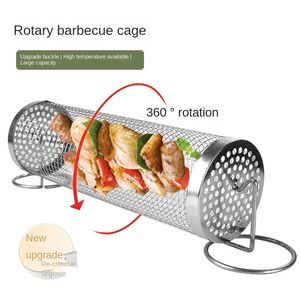 Barbecue Cages Grill Grate Camping Picnic Cookware Outdoor Round BBQ Campfire Grid Rolling Basket 240117