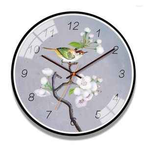 Wall Clocks Clock Large Size Chinese Painting Plum Bossom Sytle Silent Movement Metal Rounds Precise Sweep Moder