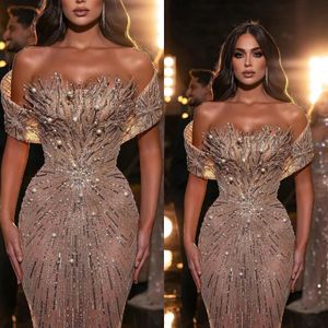 Glitter Akşam Elbiseleri İnci Pullar Denizkızı Prom Gowns Omzdan Gelen Parti Elbiseleri Gelen Özel Yapım