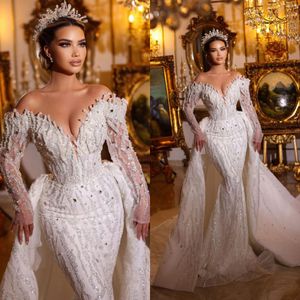 Luxury Off Shoulder Mermaid Wedding Dresses Sequins Crystal Bridal Gowns Detachable Train Bride Dresses Custom Made