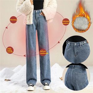 Kadınlar Pantolon Kış Sıcak Kalınlaştırılmış Kadife Denim Kadınlar Moda Yüksek Bel Pleece Jeans Sıradan Mavi Düz Geniş Bacak Pantolon