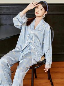 Mulheres sleepwear mulheres moda estilo chinês bambu peers primavera verão impressão de seda manga longa pijamas dois conjuntos de peças roupas de casa