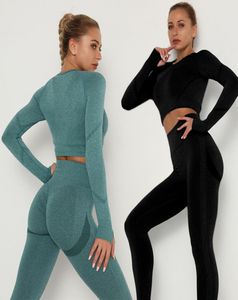 Women039s calças de duas peças sem costura conjunto feminino manga longa superior controle barriga cintura alta esporte leggings roupas de ginástica meninas tracksui6743843