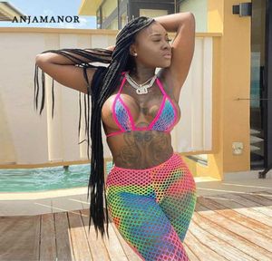 ANJAMANOR Sexy Tie Dye Fishnet Hollow Out Two Piece Set Bikini Top Pants Women 2021 Summer Beach Vacation Outfits D87CZ18 Y06259446687