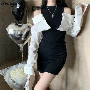 Casual Dresses Fashion Mini Women Patchwork Off Shoulder O-neck Long Sleeve Slim Simple Design Grandient Color Solid All-match