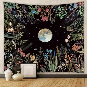 Tapissries Moonibit Garden Tapestry Celestial Floral Wall Hängande månfas Sun Starry Black Botanical Hippie Carpets Decorvaiduryd