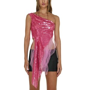 Sparkling Tank Top Women's Sparkling Sequins One Shoulder Sleeveless Irregular Hem T-shirt Pink Tank Top Party Dress 240118