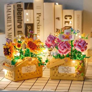 Blocchi Cesto di fiori di girasole rosa con pianta leggera Mini blocchi di costruzione Giocattolo Decorazione del desktop Regalo romantico per adulti Regali di festa per bambinivaiduryb