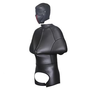 BDSM Tuta in gomma Body Crotchless Pant Arm Bondage Set Testa di cane Cappuccio Uomo Costume sexy Gioco per adulti Giocattoli sessuali alternativi per le donne 240118