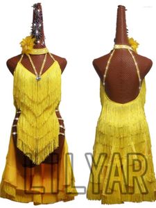 Scene Wear Professional Latin Dance Competition Performance Costume Yellow Tassel High Slit Sexig kjol