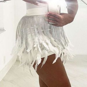 Skirts White Aesthetic Feather Metal Tassels Fringe High Waist Elastic Streetwear Festival Mini Skorts Woman Fashion