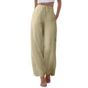 Women's Pants 2024 Cotton Linen Summer Drawstring Palazzo Flowy Wide Leg Beach Trousers With Pockets Female Casual Streetwear