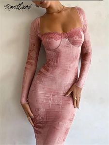 Sıradan Elbiseler Kontturi Sonbahar Dantel Baskı Kadınlar İçin Arka Çıkmaz Kare Yaka Uzun Kollu Gece Elbise Bandage Pembe Bodycon Midi