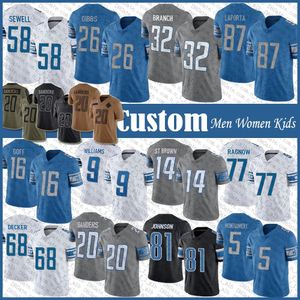 Amon Ra St Brown Sam LaPorta camisa de futebol David Montgomery Jared Goff Jahmyr Gibbs Brian Branch Jameson Williams Penei Sewell Taylor Decker Jack Fox Alex Anzalone