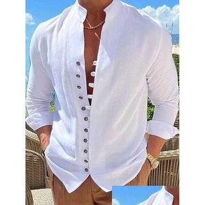 Camisas casuais masculinas camisa de linho botão até casual verão preto branco rosa manga longa gola de faixa lisa primavera outono diário vacatio dh08o