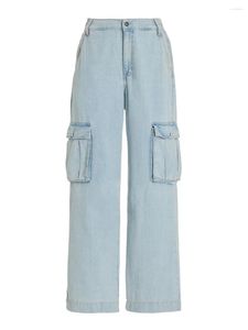 Women's Jeans Women S Sky Blue Baggy Low-Rise Y2K Wide Straight Leg Denim Pants With Multi Pockets Teen Streetwear Pant