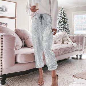 Women's Pants Fashion Sequins Trousers Solid Colour Sparkle Party Clothing Loose Drawstring Wide Leg