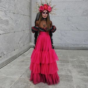 Schicker rosafarbener langer Rock für Damen, mehrlagiger Tüll, Abschlussballrock, nach Maß, Fuchsia, A-Linie, Tüll, Geburtstagsparty-Röcke, Maxi-Tutu 240117