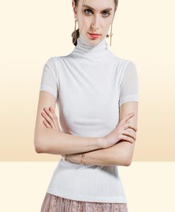 여자 짧은 소매 tshirt 여자 Turtleneck mesh 바닥 셔츠 여름 새로운 단색 꽉 셔츠 아시아 크기 1934092