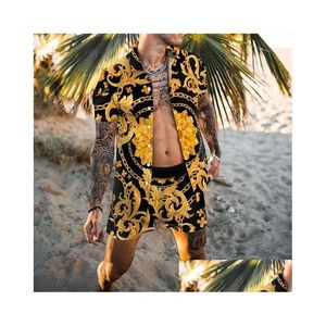 Masculinos Tracksuits Hawaii Beach Flower Tracksuits Camisa Blusa de Duas Peças Mens Solto Plus Size Calça Curta e Blusas Mista Preto Ouro C Dh4Bo