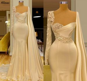 Chic Ivory Satin Mermaid Wedding Dresses Pearls Sequins Beaded Long Sleeve Shoulder Wrap Bridal Gowns Trumpet Court Train Vintage Aso Ebi Robes de Mariee CL3212