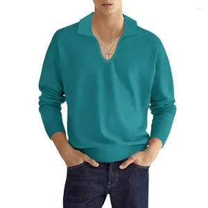 Polos masculinos outono camisa polo sólido manga longa com decote em v respirável topos moda casual gola camisetas roupas para homem streetwear