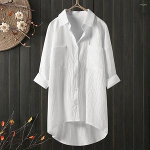 Kadın bluzları uzun rahat gömlekler üstleri düğme aşağı kol keten bluz aktif aşınma vintage hırka