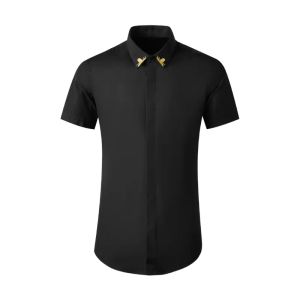 Nova chegada moda de alta qualidade algodão verão manga curta gola fio ouro bordado camisas casuais masculinas plus size M-3XL 4xl