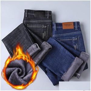 Mäns jeans herrar jeans vinter termisk varm flanell stretch kvalitet berömd varumärke fleece byxor män rak flocking byxor jean man dhihb