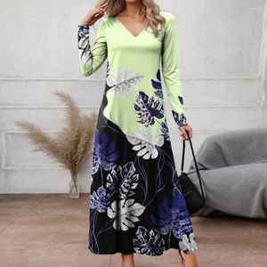 Casual Dresses V-Neck Dress Leaf Print V Neck Maxi A-Line Color Matching Soft Breattable Pullover For Women Ankle Length Spring Fall