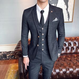 S7xl blazer colete calças noivo vestido de casamento xadrez escuro clássico retro masculino formal terno de negócios conjunto de três peças 240117