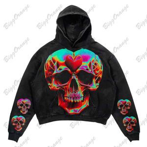 Męskie bluzy bluzy w kształcie serca czaszka i ramię Gothic Sweater Dark Print High Street Punk Style Top Men's and Women's Hoodie Blacky2kyolq