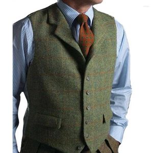 Abiti da uomo Abito da uomo scozzese verde Gilet Gilet di lana in tweed a spina di pesce Slim Fit Tuxedo Matrimonio Sposo Festa d'affari Formale Custom Made
