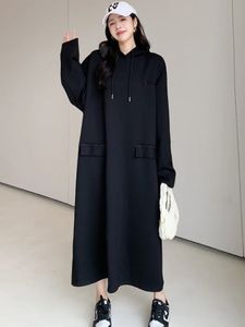 Korean Fashion in Dresses for Women Autumn Solid Hooded Loose Long Dress Casual Sports Dress Oversized Women's Clothing 240117