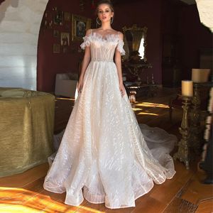 Organza Vestido de Novia Wedding Dress glänsande av Shouder för kvinnor med spetslösa brudklänningar Chepal Train