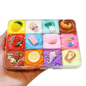 12Color DIY Rainbow Slime Set Squishy Mixing Antistress Färgglada söta fruktgodis Toys Box Rich Cartoon Model Kids 240117