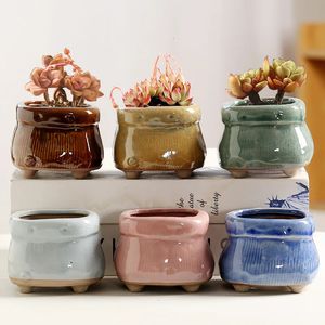 10pc mini Flowerpot Ceramic Creative Square Colored Målad glas andningsbar skrivbord handmålad flerfärgad blomkruka enkel dekoration 240118