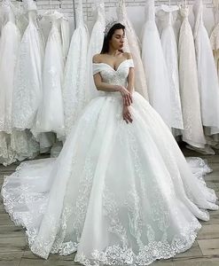 Vestidos de casamento branco marfim vestidos de noiva formal tule zíper personalizado rendas até plus size novo trem de varredura fora do ombro sem mangas apliques