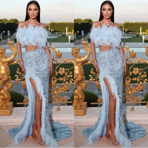 Gorgeous Evening Dresses Feather Sequins Mermaid Prom Gowns Two Pieces Sleeveless Side Split Formal Party Dresses Custom Made